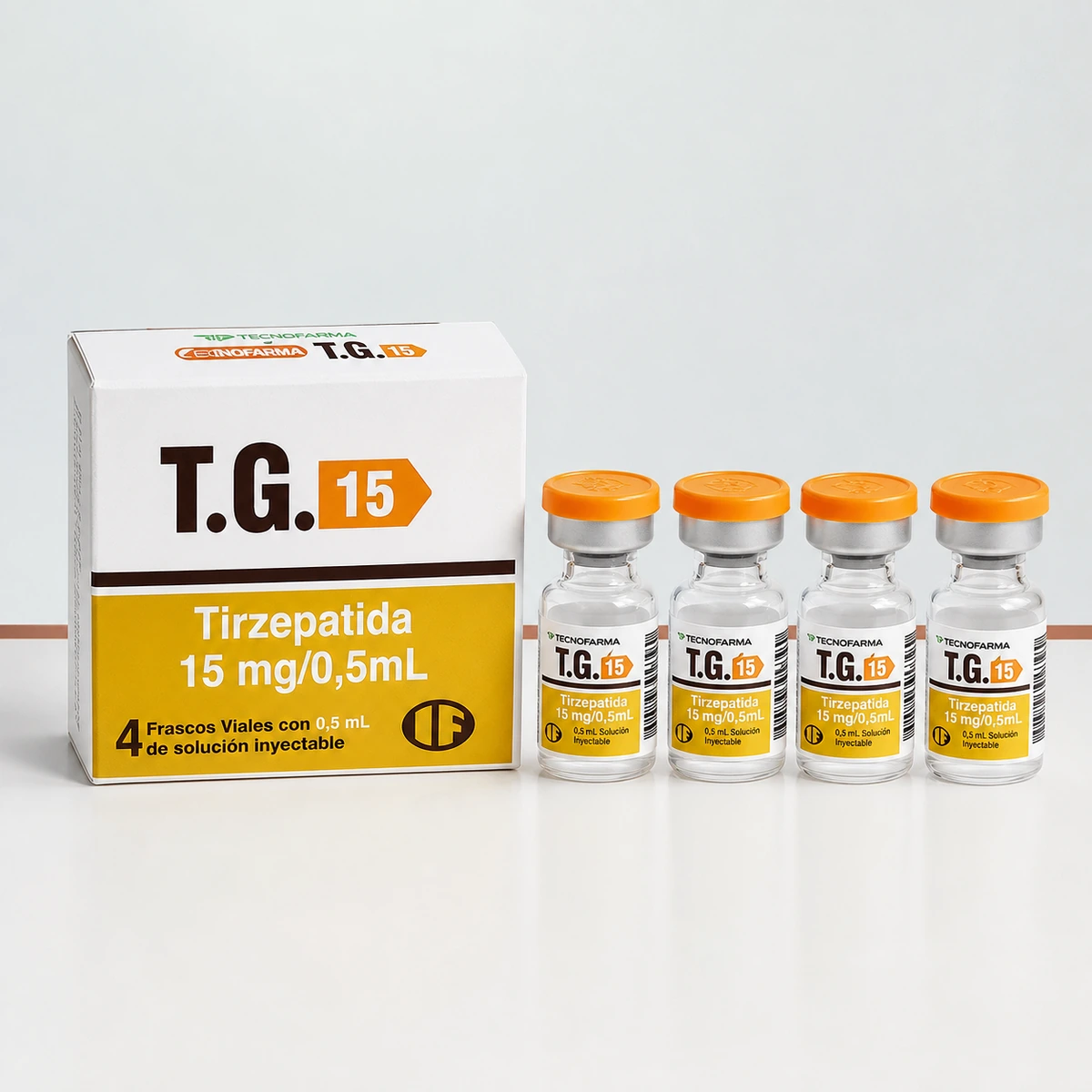 Caja y vial de tirzepatida TG 15 mg